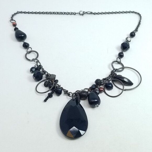 Vintage Black Beaded Chain Necklace, Drop Shape Pendant, Statment Moody Estate - Picture 1 of 5